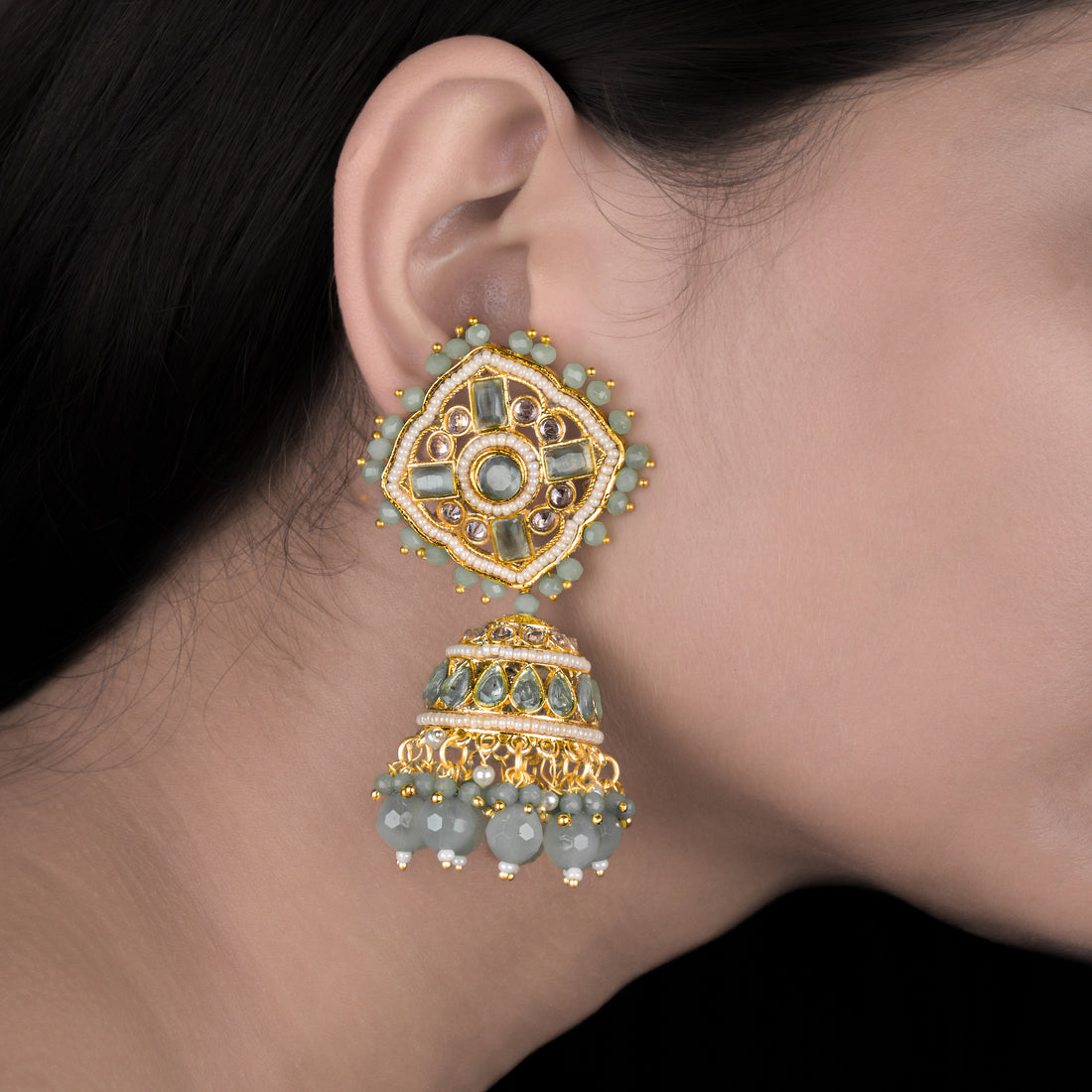Kundan Floral Mint Green Jhumka Earrings