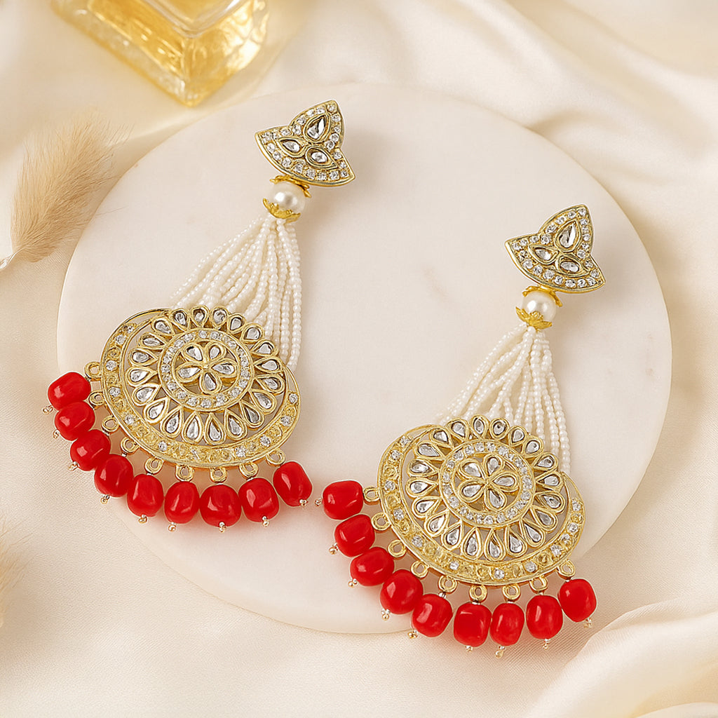 Gold-Plated Red Chandbali Kundan Pearl Earrings