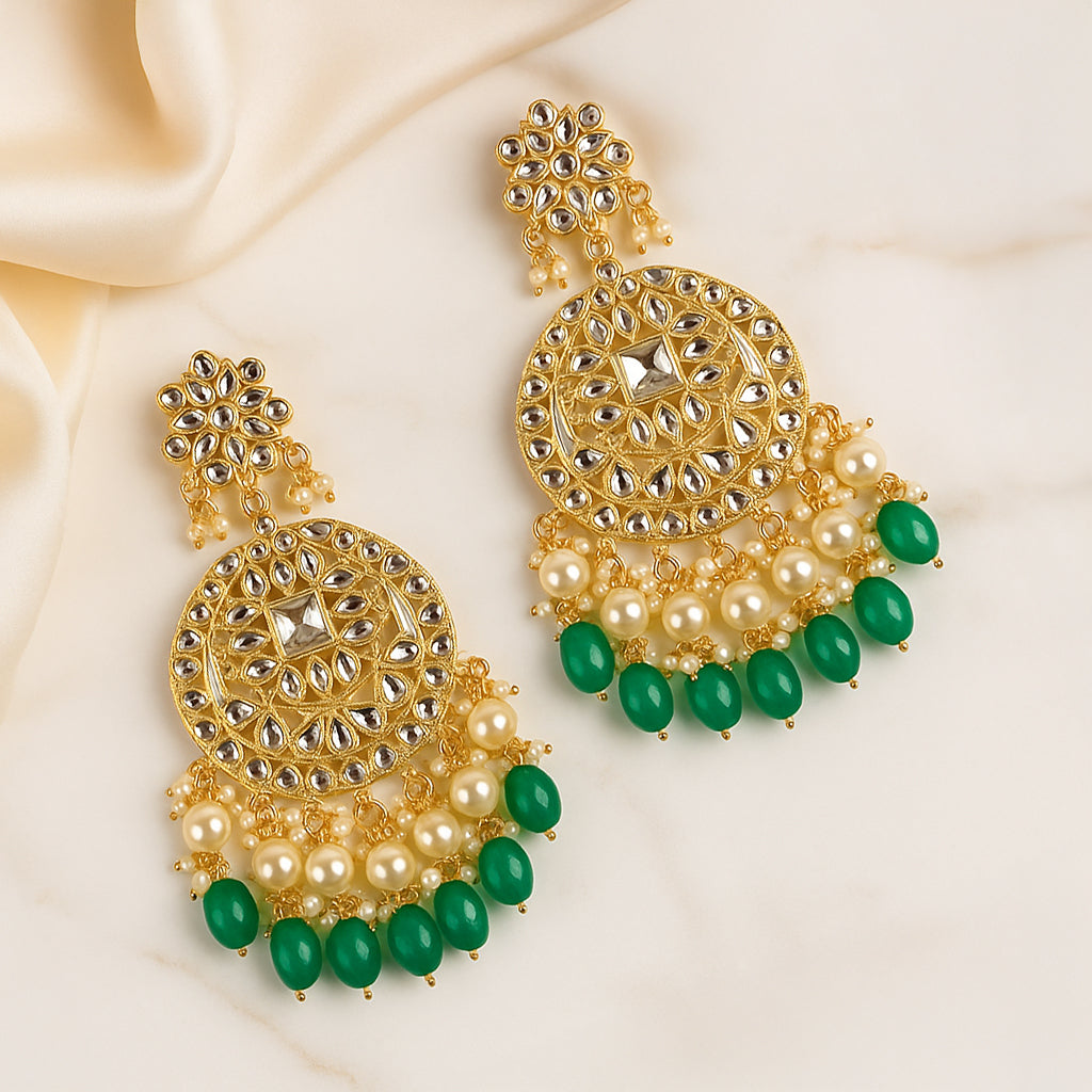 Gold Plated Traditional Green Kundan & Pearl Earring
