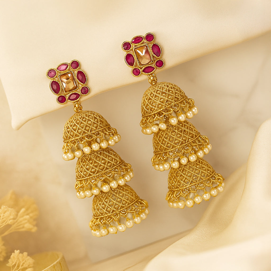 Three Layer Gold Pink Stone Studs Jhumka Earring