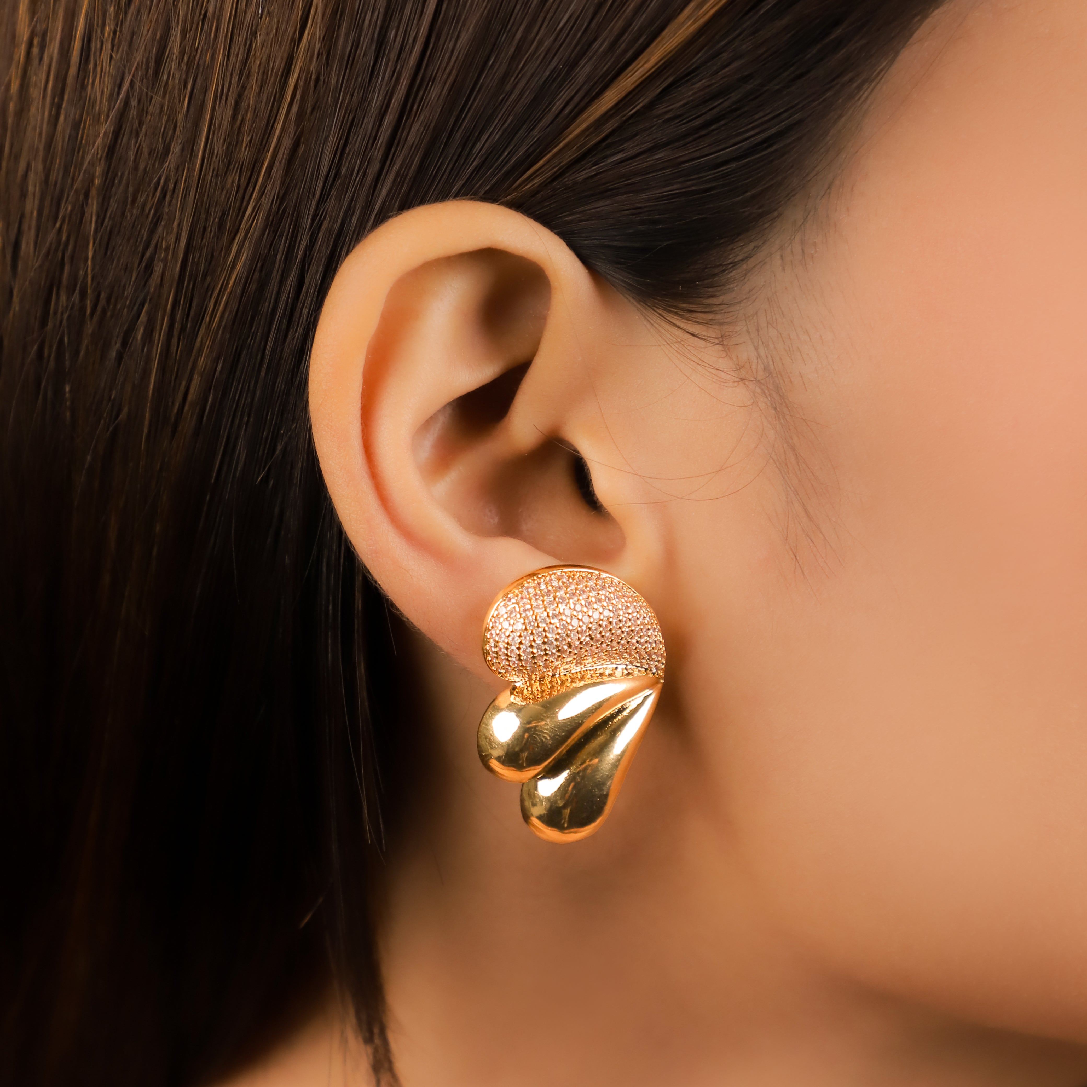 Leafy Gold - Faux Diamond Stud Earrings