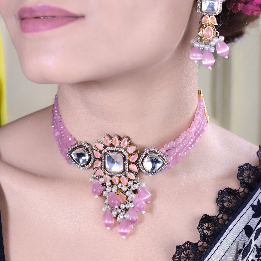 Bollywood Pink Wedding Choker With Earrings
