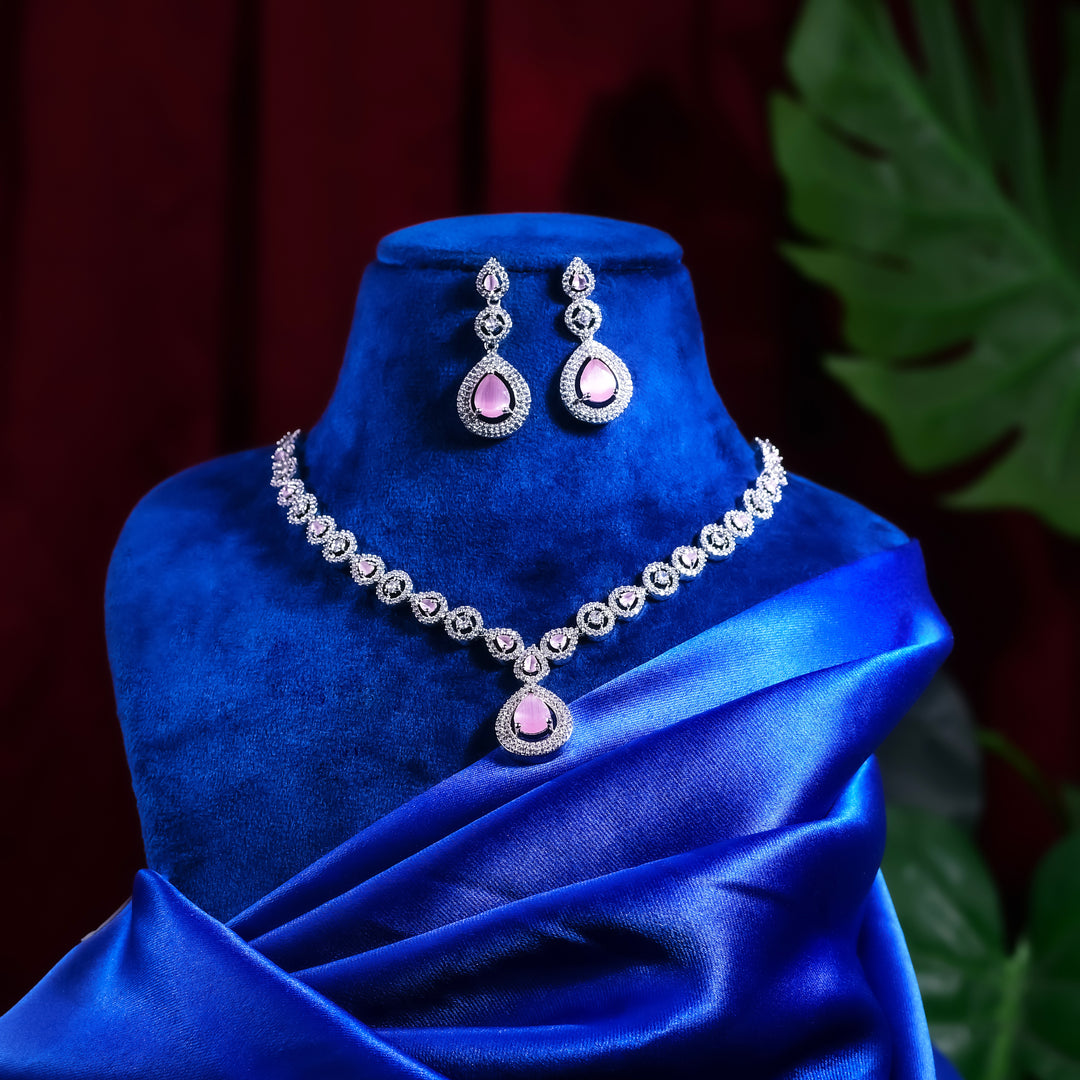 Silver Plated Pink Diamond Necklace Set