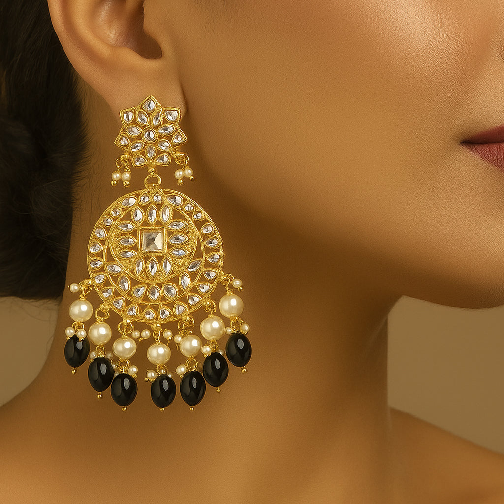 Gold Plated Traditional Black Kundan & Pearl Earring