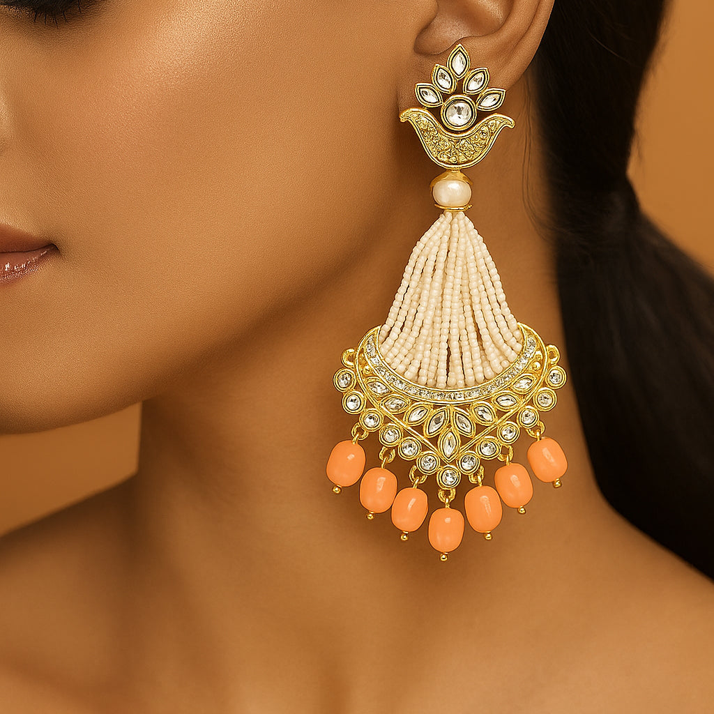 Traditional Kundan Peach Pearl Drop Earrings