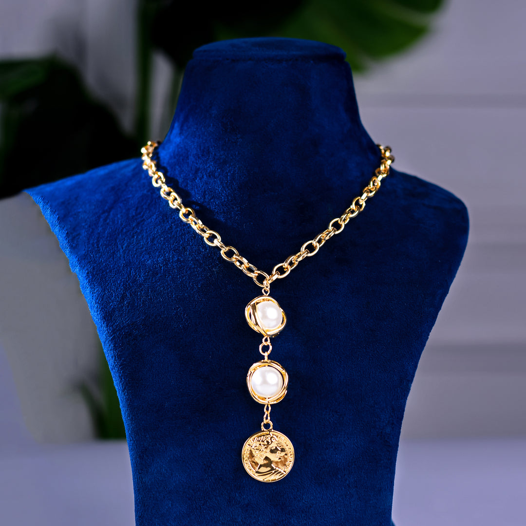Pearl And Ancient Coin Attached Drop Necklace