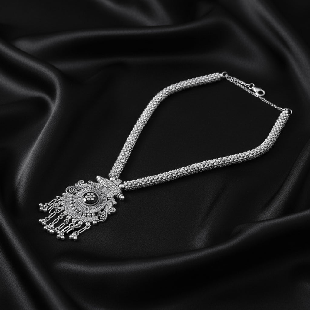 Silver Oxidised Floral Shaped Long Necklace