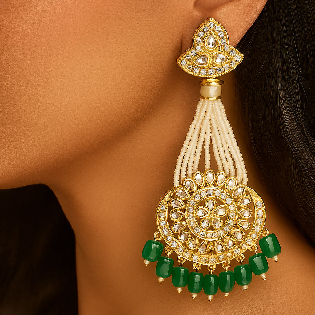 Gold-Plated Dark Green Chandbali Kundan Pearl Earrings