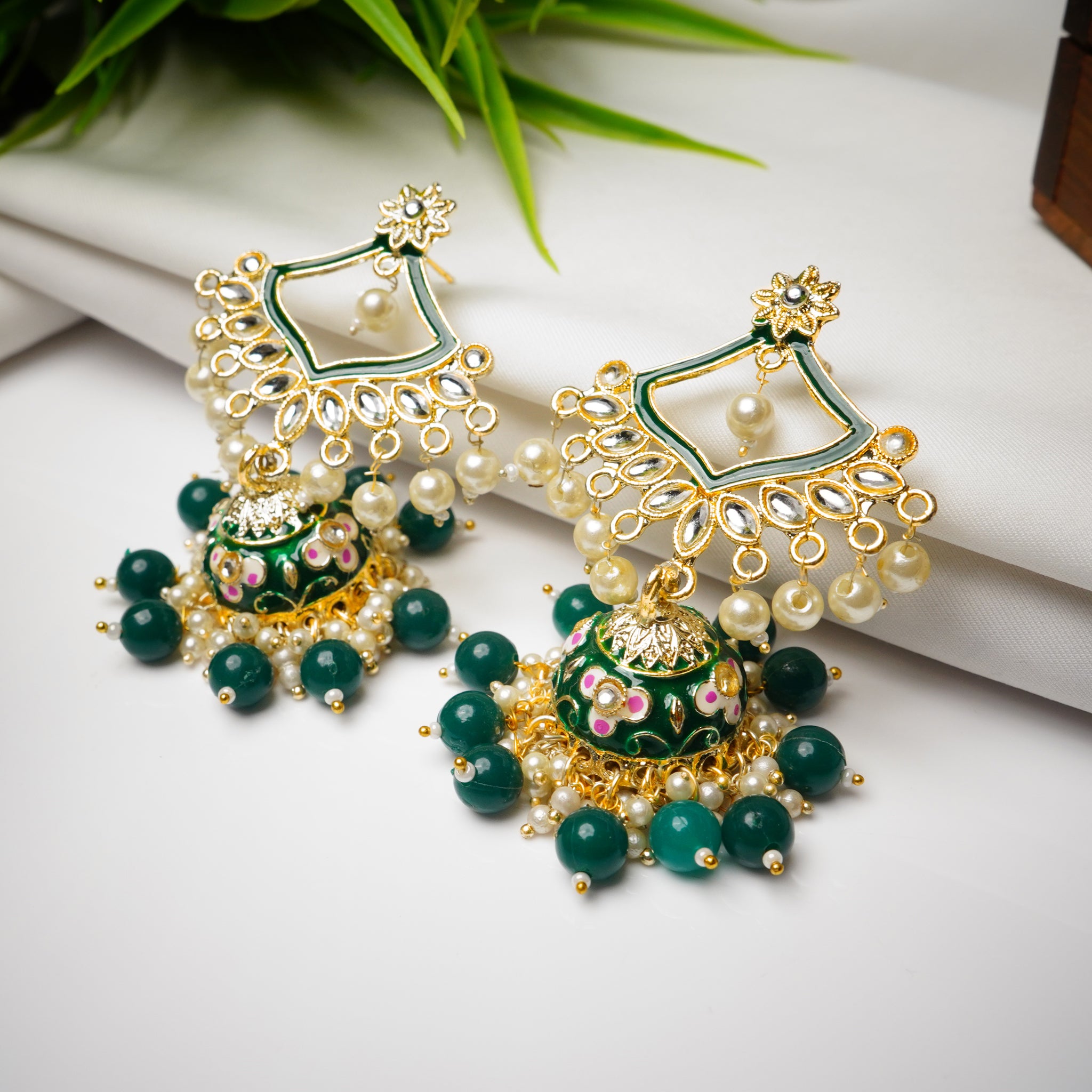 Traditional Gold Plated Green Kundan Pearl Drop Earrings