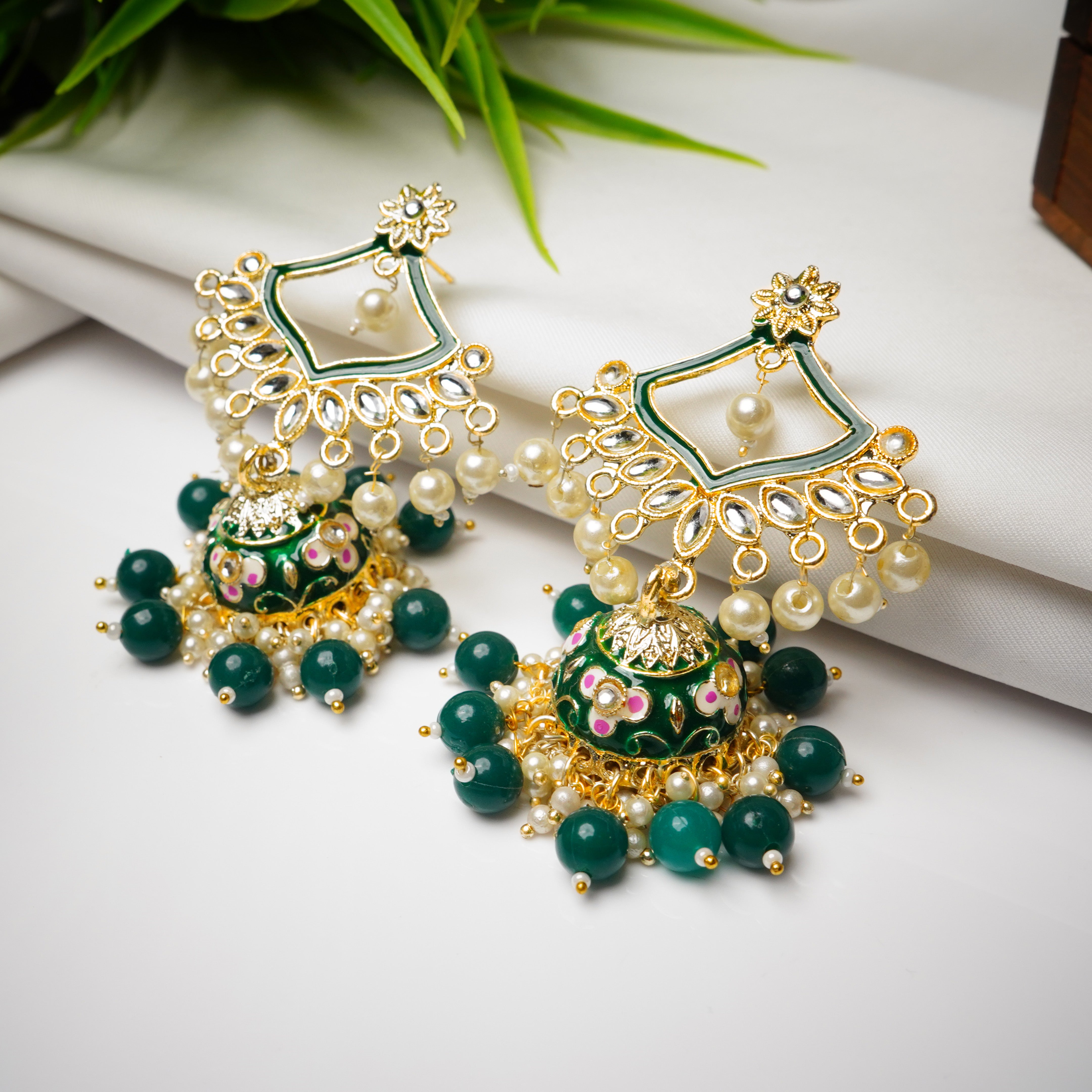 Traditional Gold Plated Green Kundan Pearl Drop Earrings
