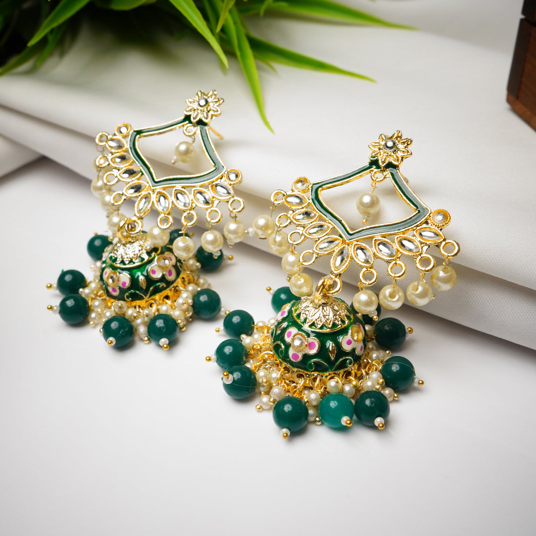 Traditional Gold Plated Green Kundan Pearl Drop Earrings