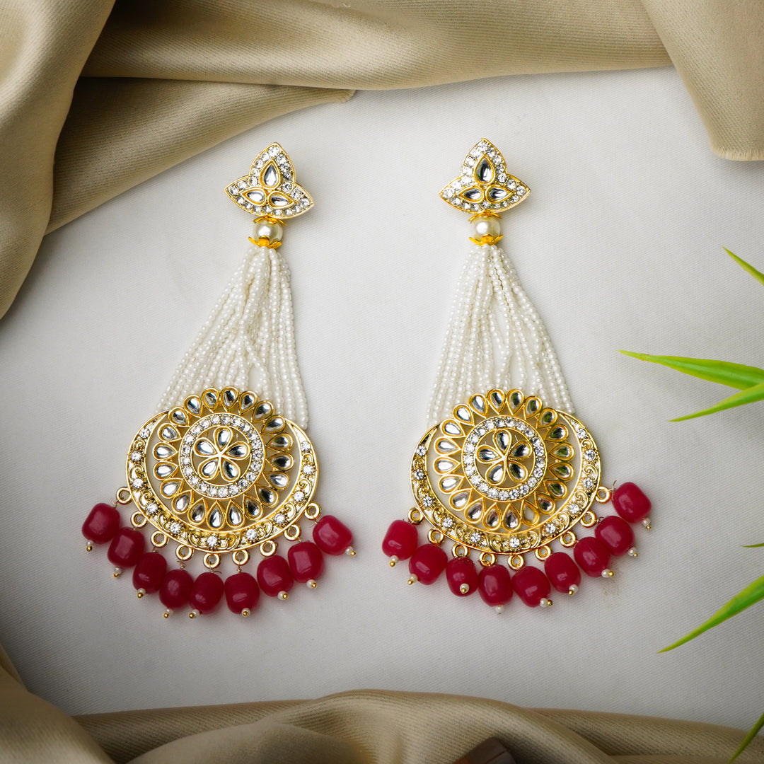 Gold-Plated Maroon Chandbali Kundan Pearl Earrings