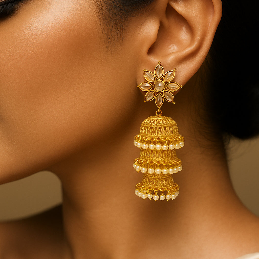 Three Layer Gold White Stone Studs Jhumka Earring