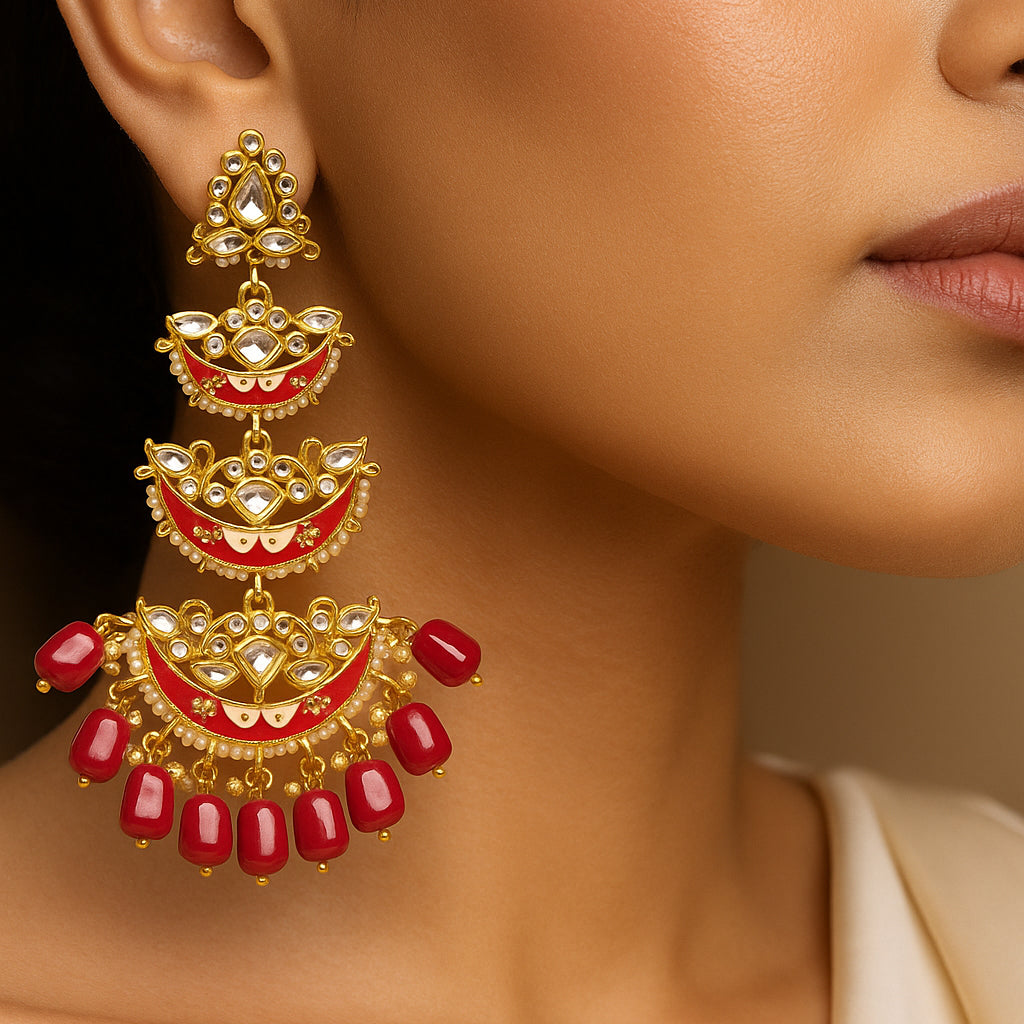 Gold Plated Red Chandbali Drop Earrings
