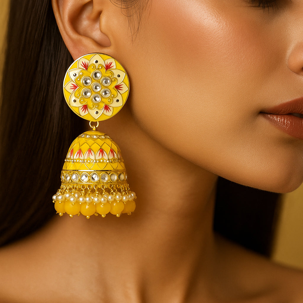 Yellow Gold Toned Traditional Jhumka Earrings