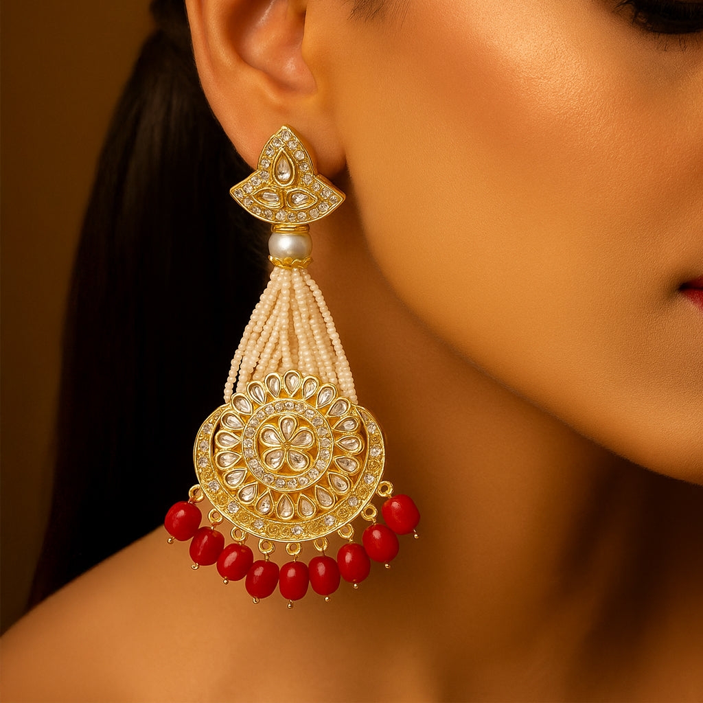 Gold-Plated Red Chandbali Kundan Pearl Earrings