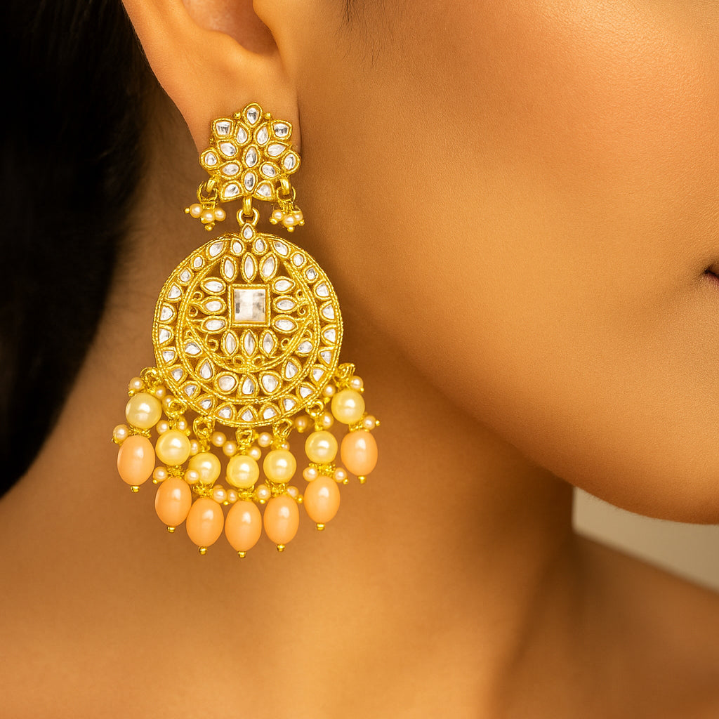 Gold Plated Traditional Light Pink Kundan & Pearl Earring