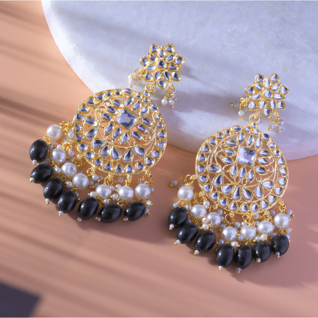 Gold Plated Traditional Black Kundan & Pearl Earring