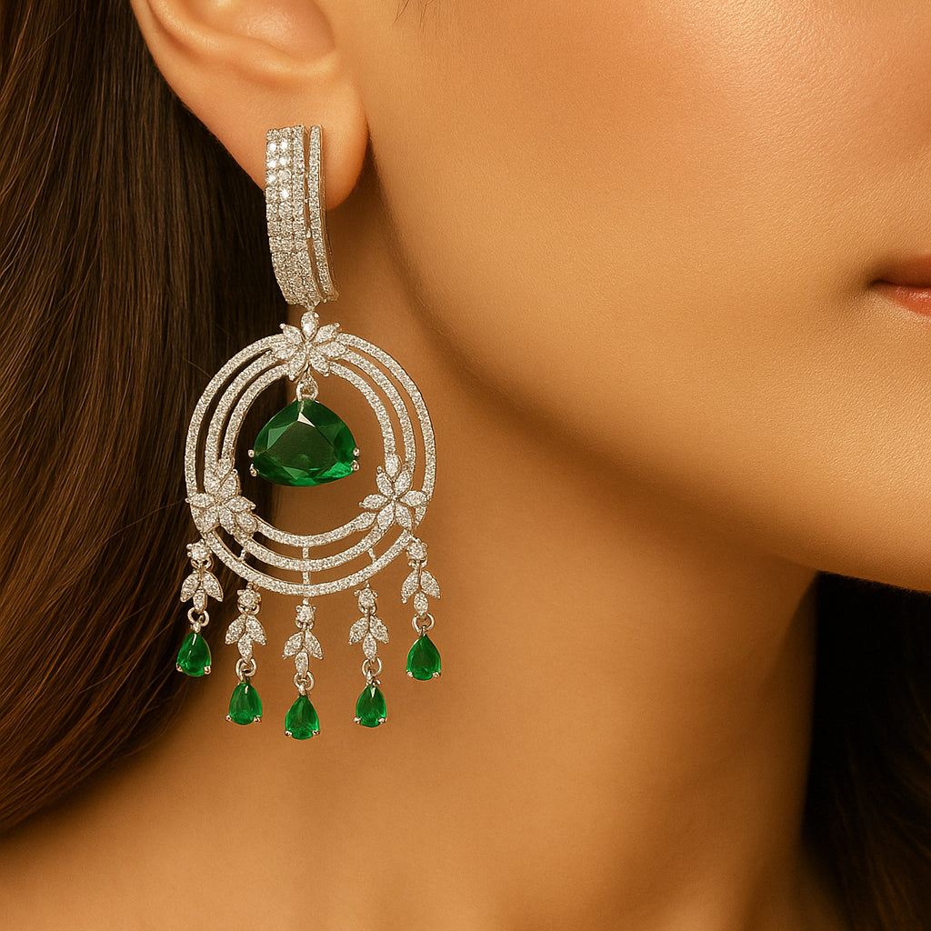 Elegance Green and White Gems Earrings