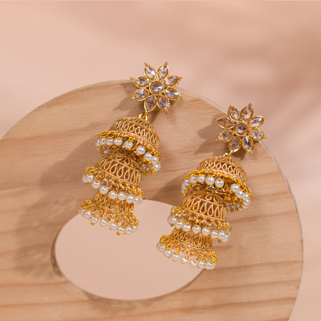 3-Tier 22kt Gold Jhumka Earrings | Raj Jewels