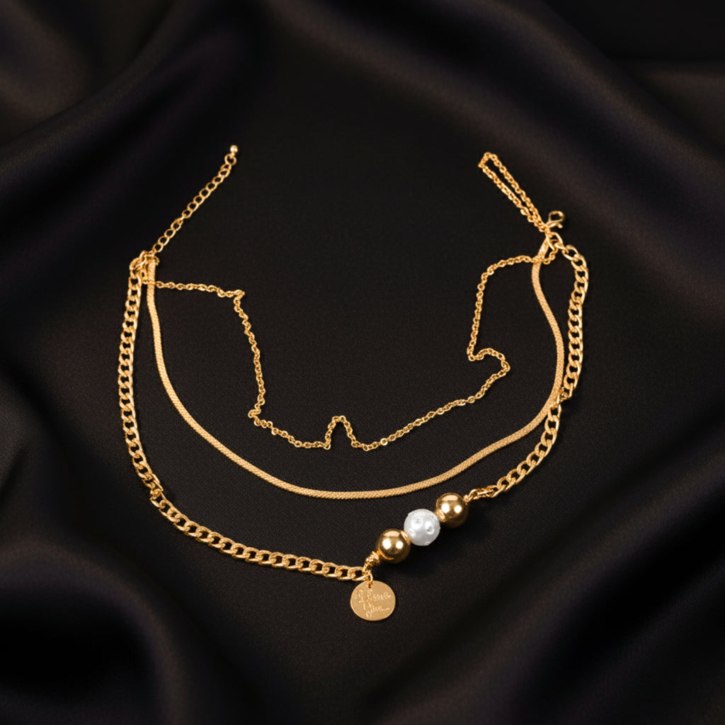 Glossy Gold Three Layer Chain Necklace With Pearl