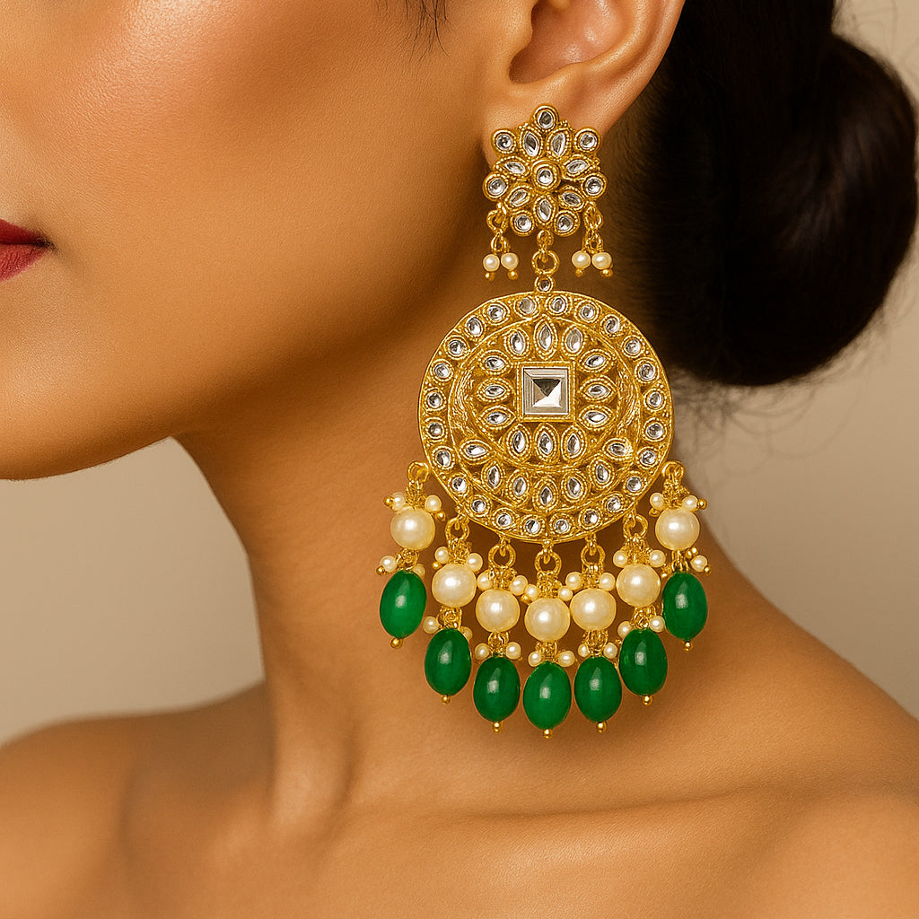 Gold Plated Traditional Green Kundan & Pearl Earring