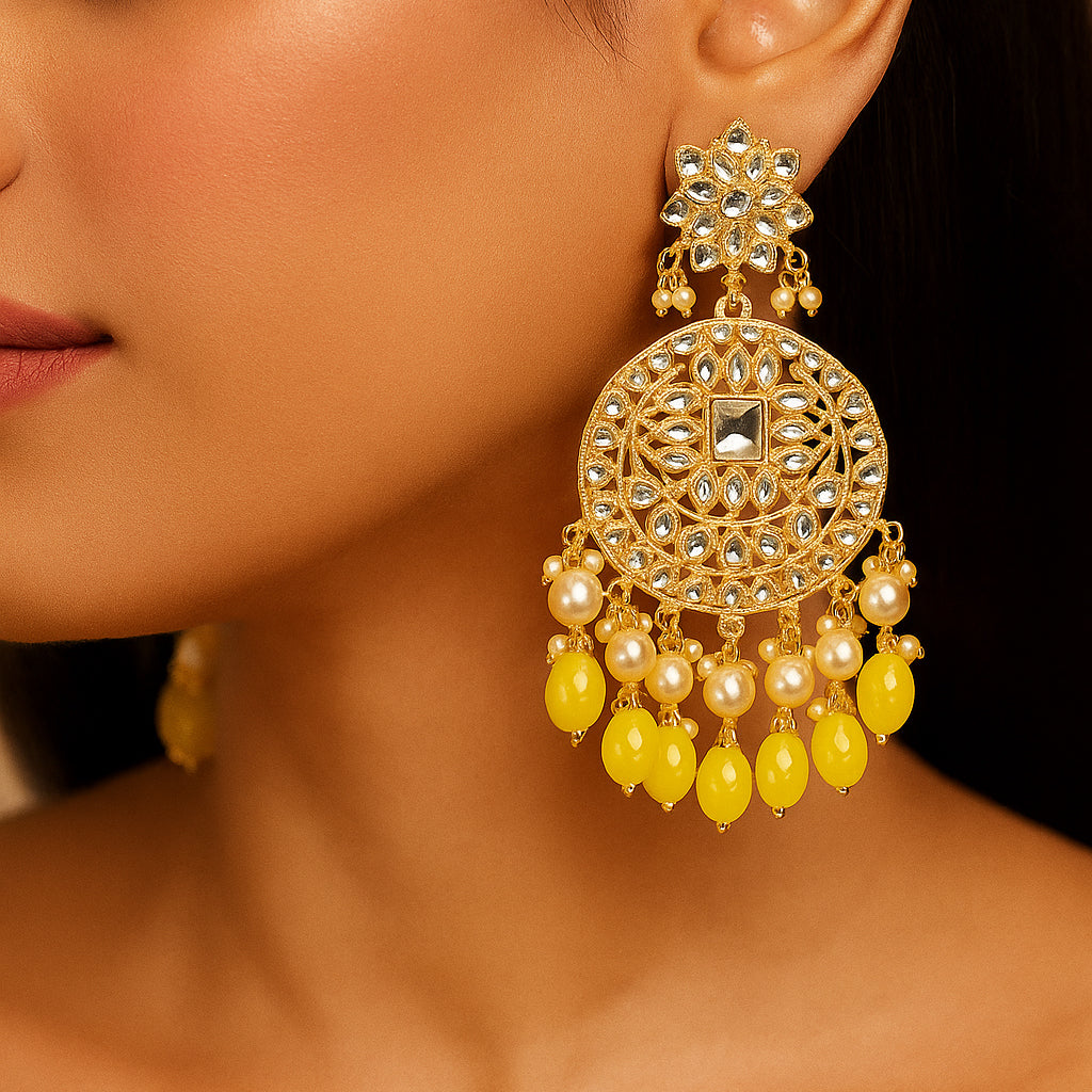 Gold Plated Traditional Yellow Kundan & Pearl Earring