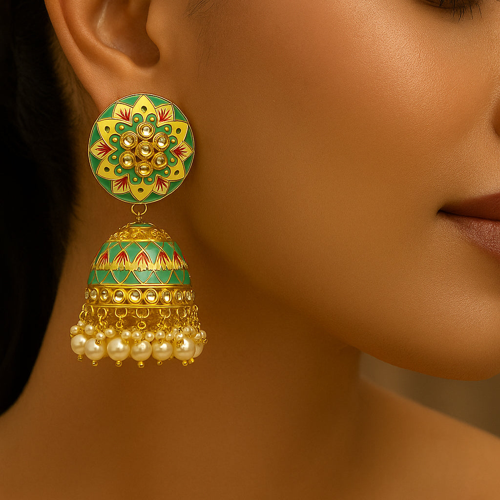 Blue Gold Toned Traditional Jhumka Earrings
