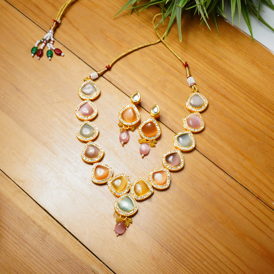 Gold Plated Kundan Multicolour Triangle Necklace Set