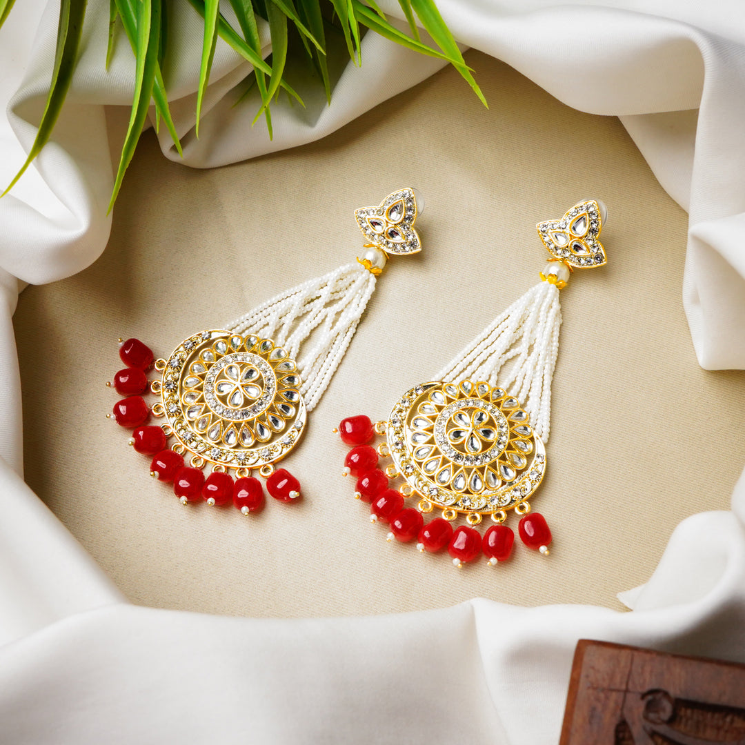 Gold-Plated Red Chandbali Kundan Pearl Earrings