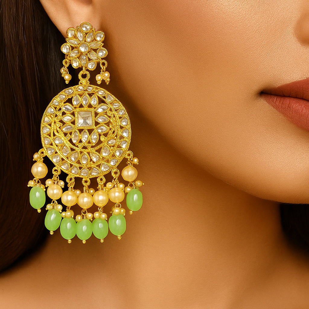 Gold Plated Traditional Mint Green Kundan & Pearl Earring