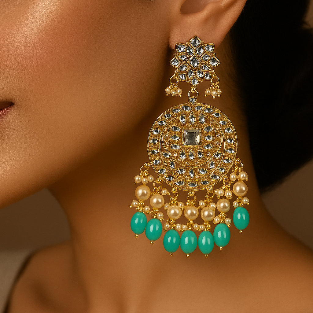 Gold Plated Traditional Sky Blue Kundan & Pearl Earring