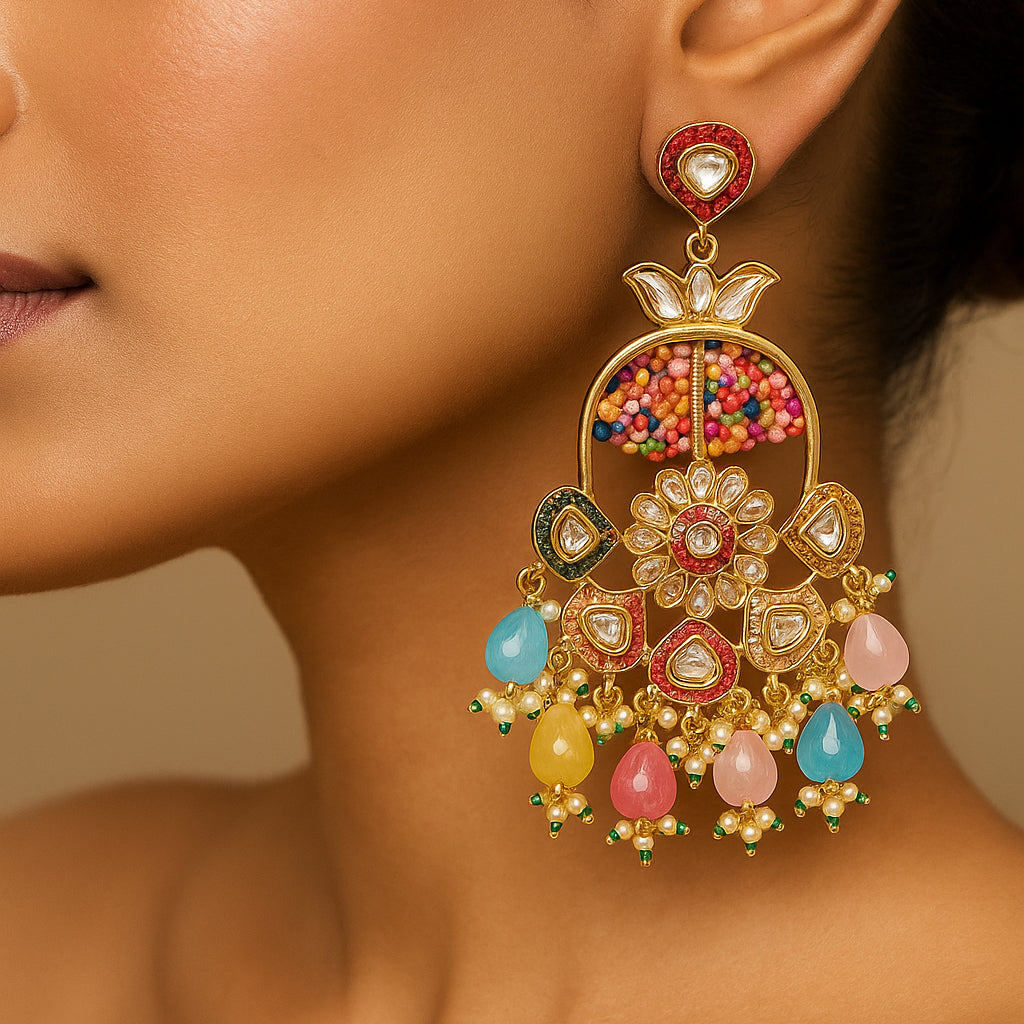 Gold Finish Kundan Polki & Multi Colored Stone Earrings