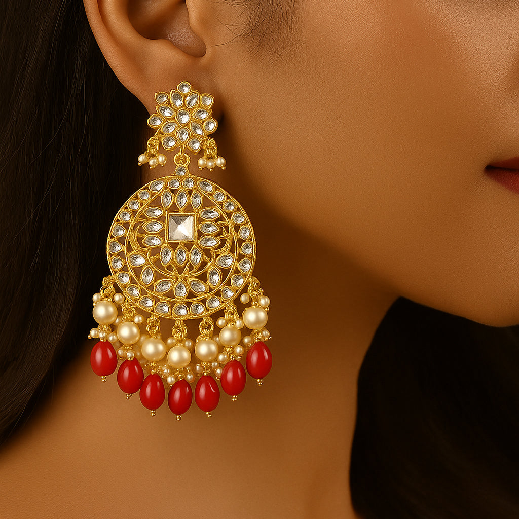 Gold Plated Traditional Red Kundan & Pearl Earring