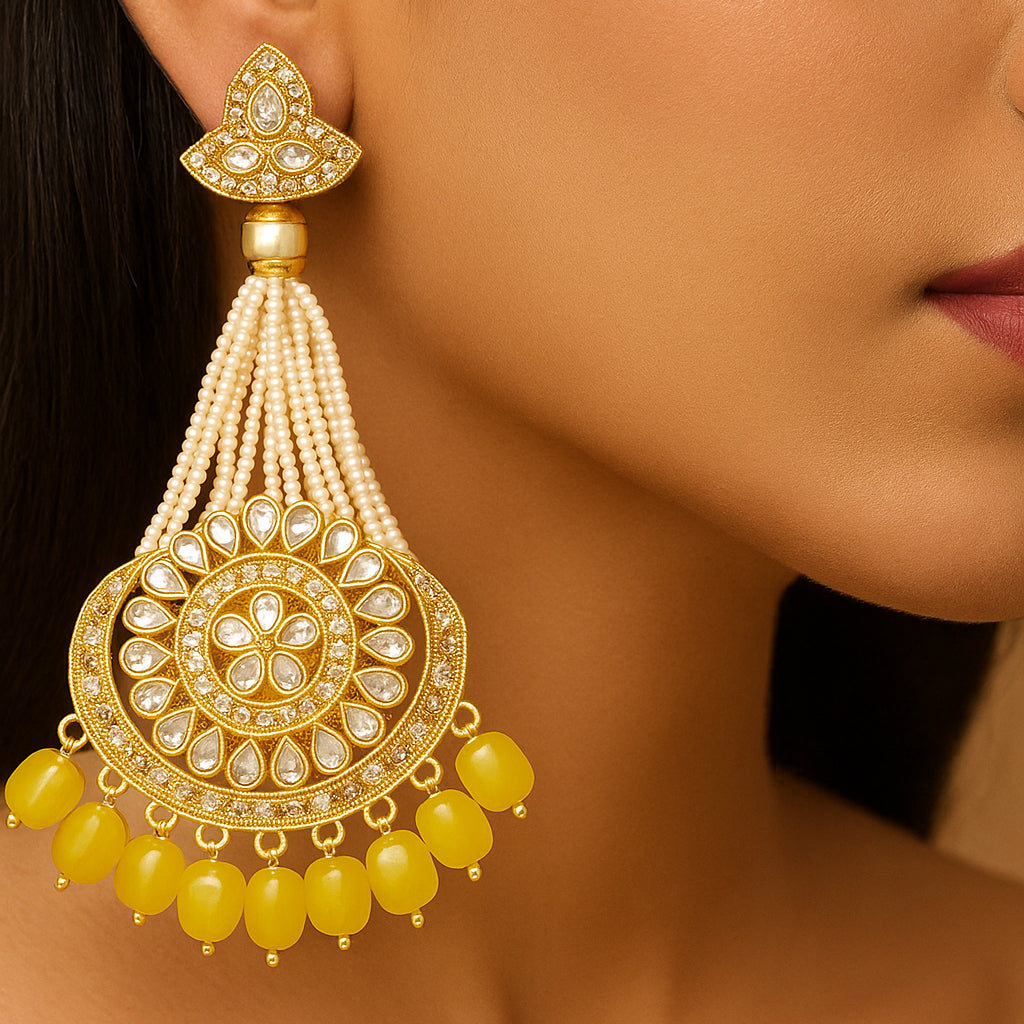 Gold-Plated Yellow Chandbali Kundan Pearl Earrings