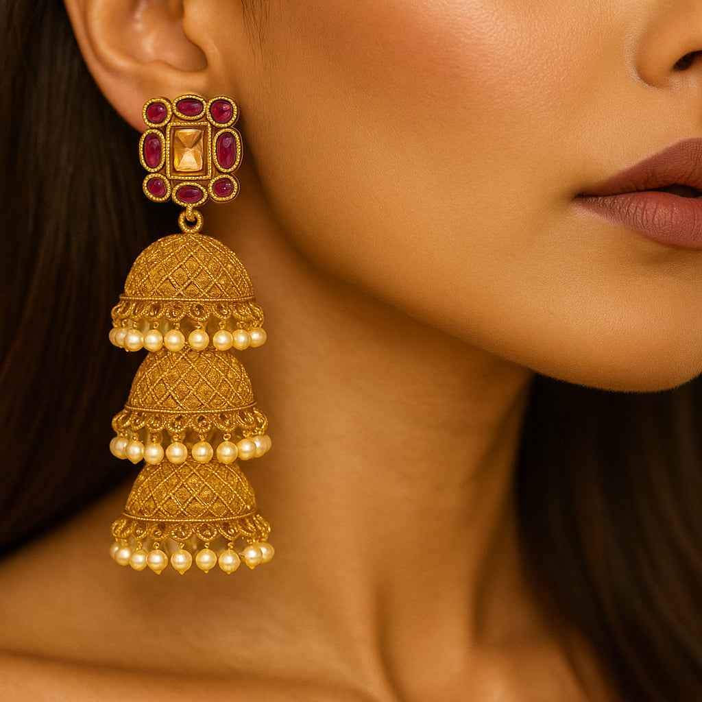 Three Layer Gold Pink Stone Studs Jhumka Earring