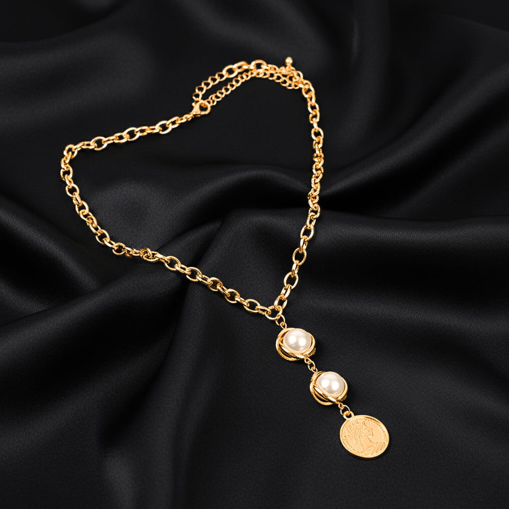 Pearl And Ancient Coin Attached Drop Necklace