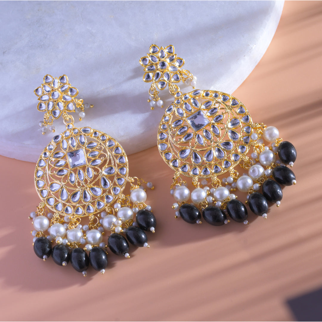 Gold Plated Traditional Black Kundan & Pearl Earring