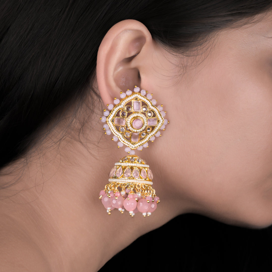 Kundan Floral Light Pink Jhumka Earrings