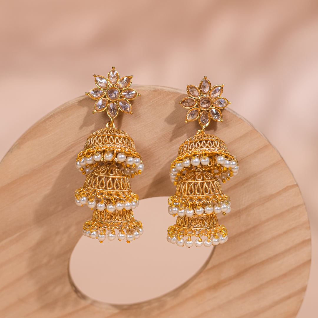 Three Layer Gold White Stone Studs Jhumka Earring