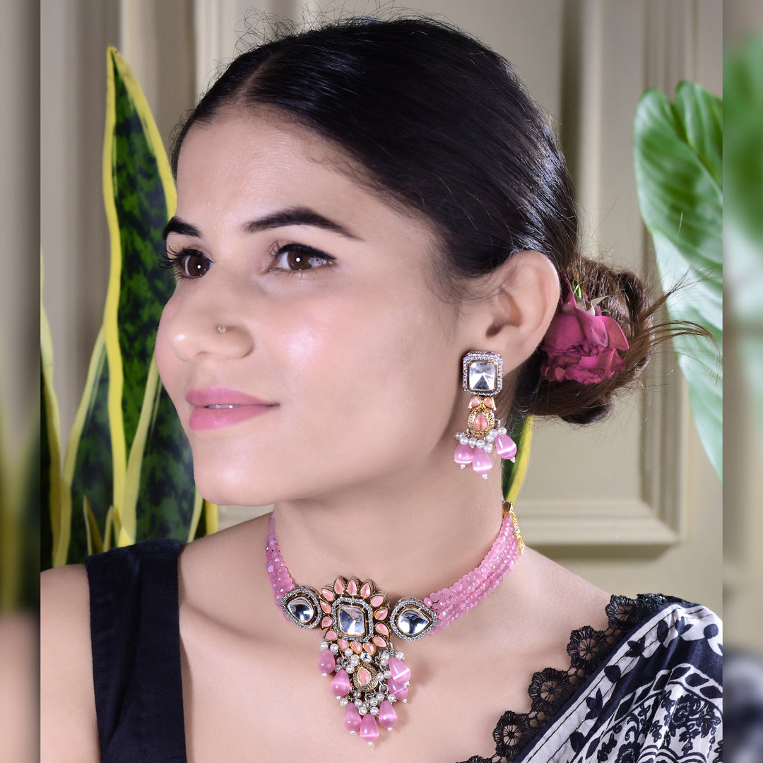 Bollywood Pink Wedding Choker With Earrings