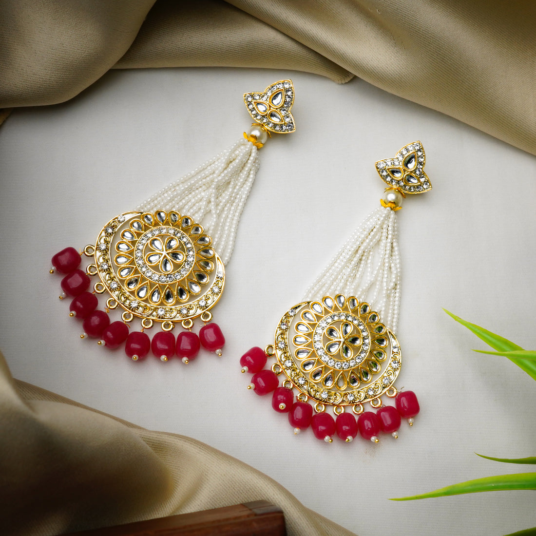 Gold-Plated Maroon Chandbali Kundan Pearl Earrings