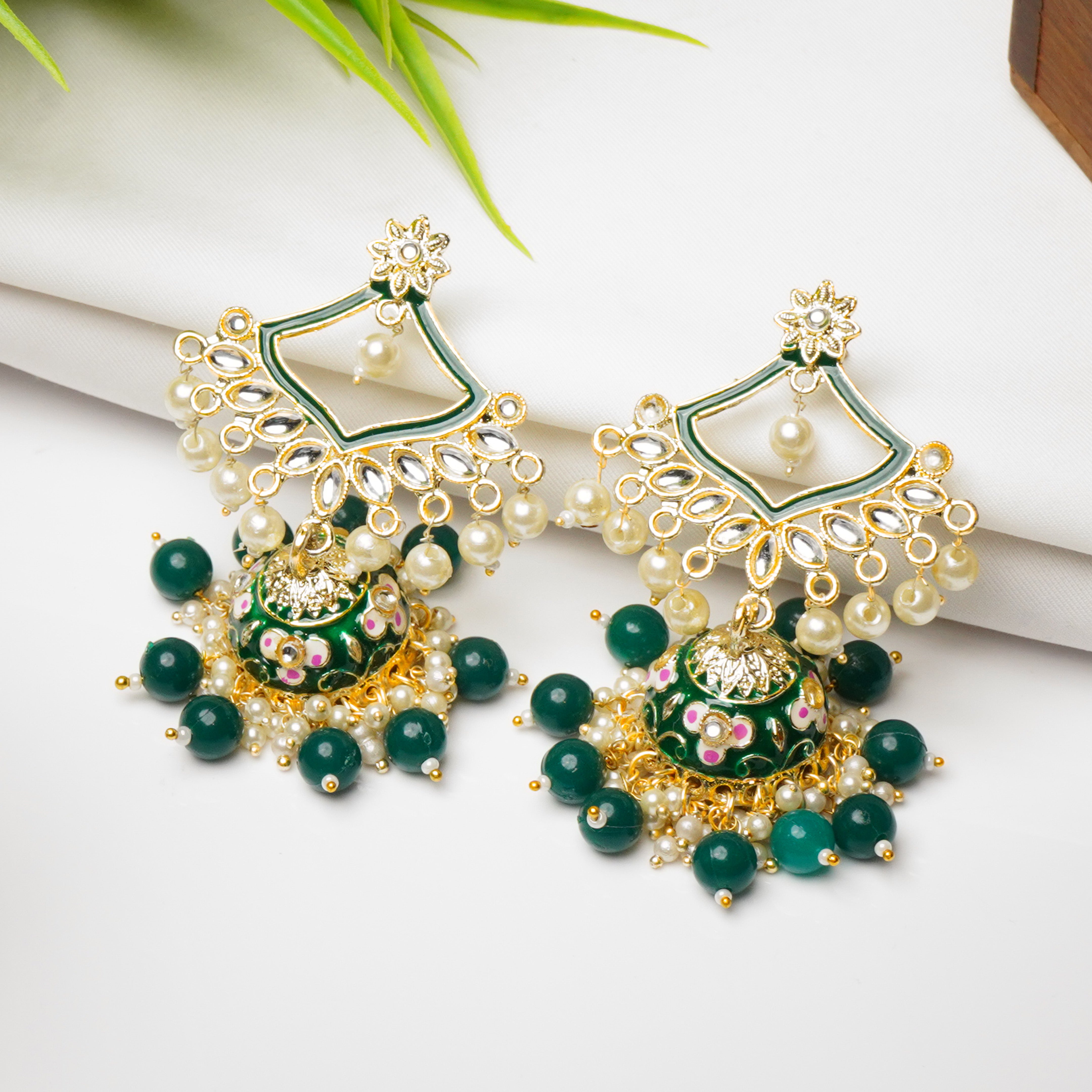 Traditional Gold Plated Green Kundan Pearl Drop Earrings