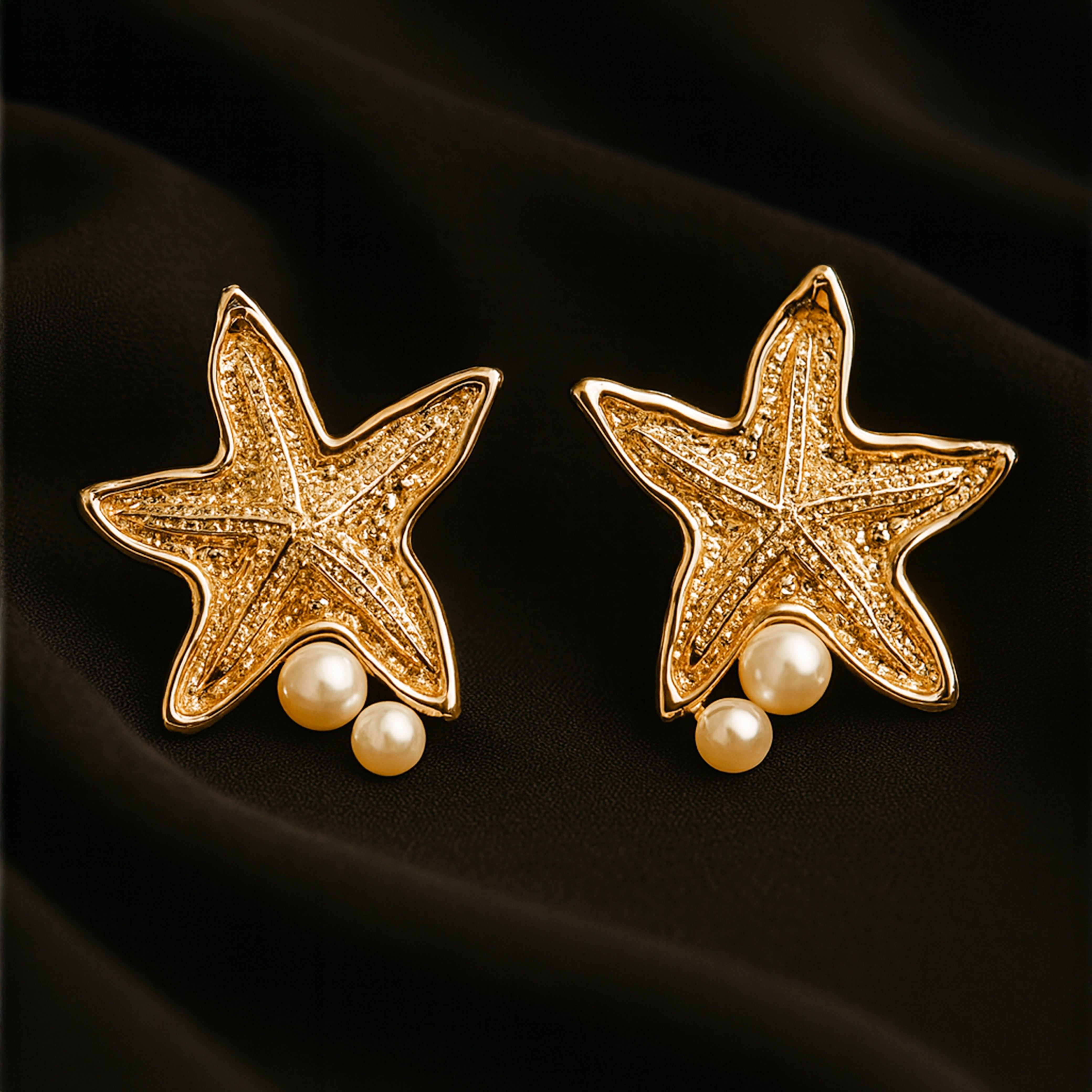 Golden Starfish & Pearl Studs