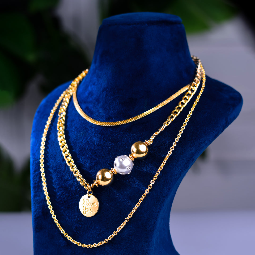 Glossy Gold Three Layer Chain Necklace With Pearl