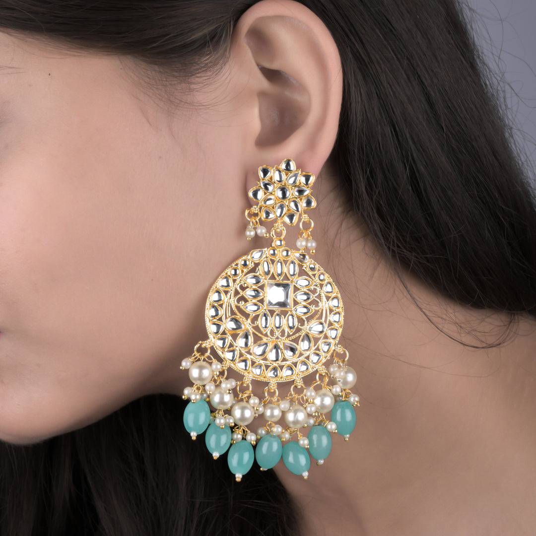 Gold Plated Traditional Sky Blue Kundan & Pearl Earring