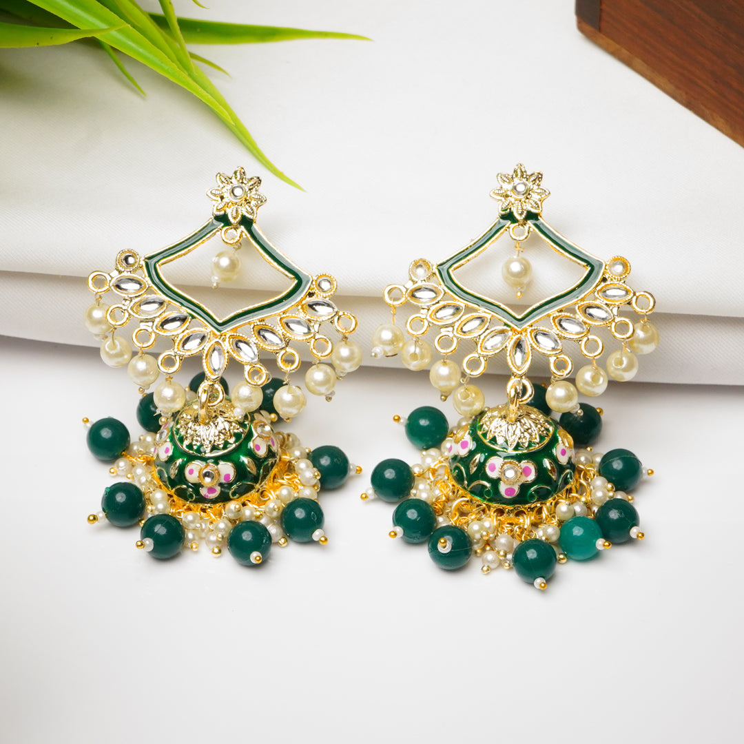 Traditional Gold Plated Green Kundan Pearl Drop Earrings