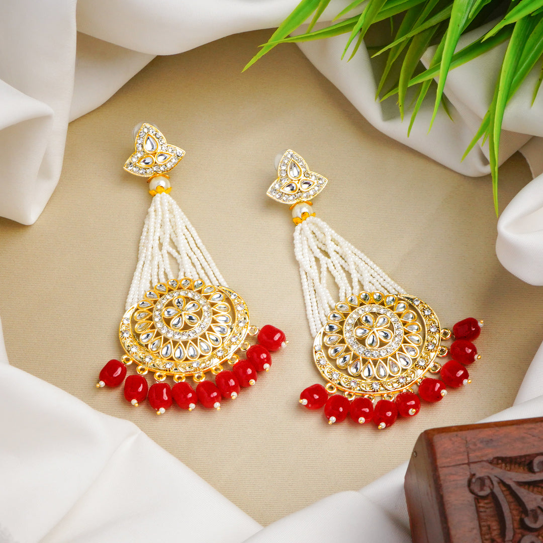 Gold-Plated Red Chandbali Kundan Pearl Earrings