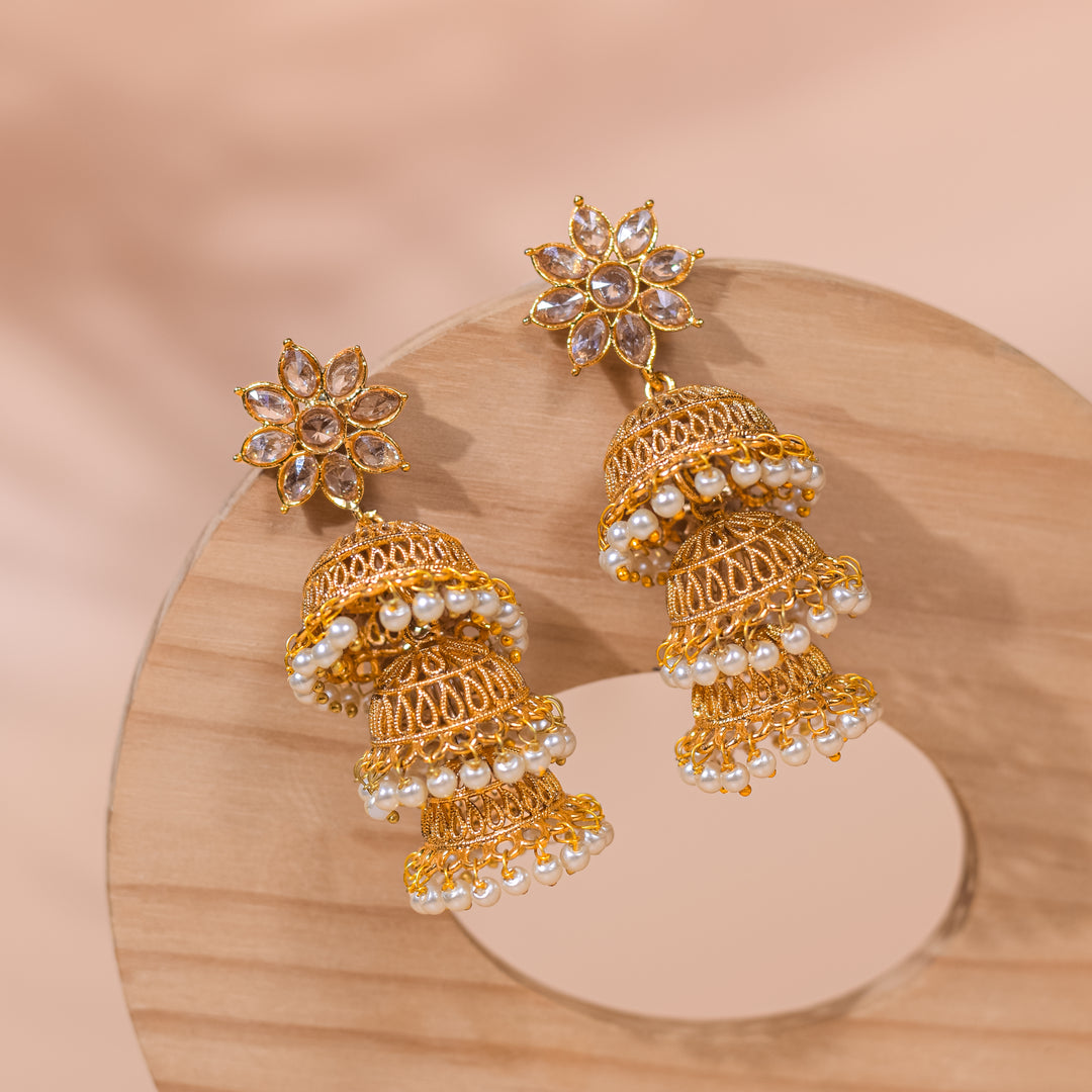 Three Layer Gold White Stone Studs Jhumka Earring