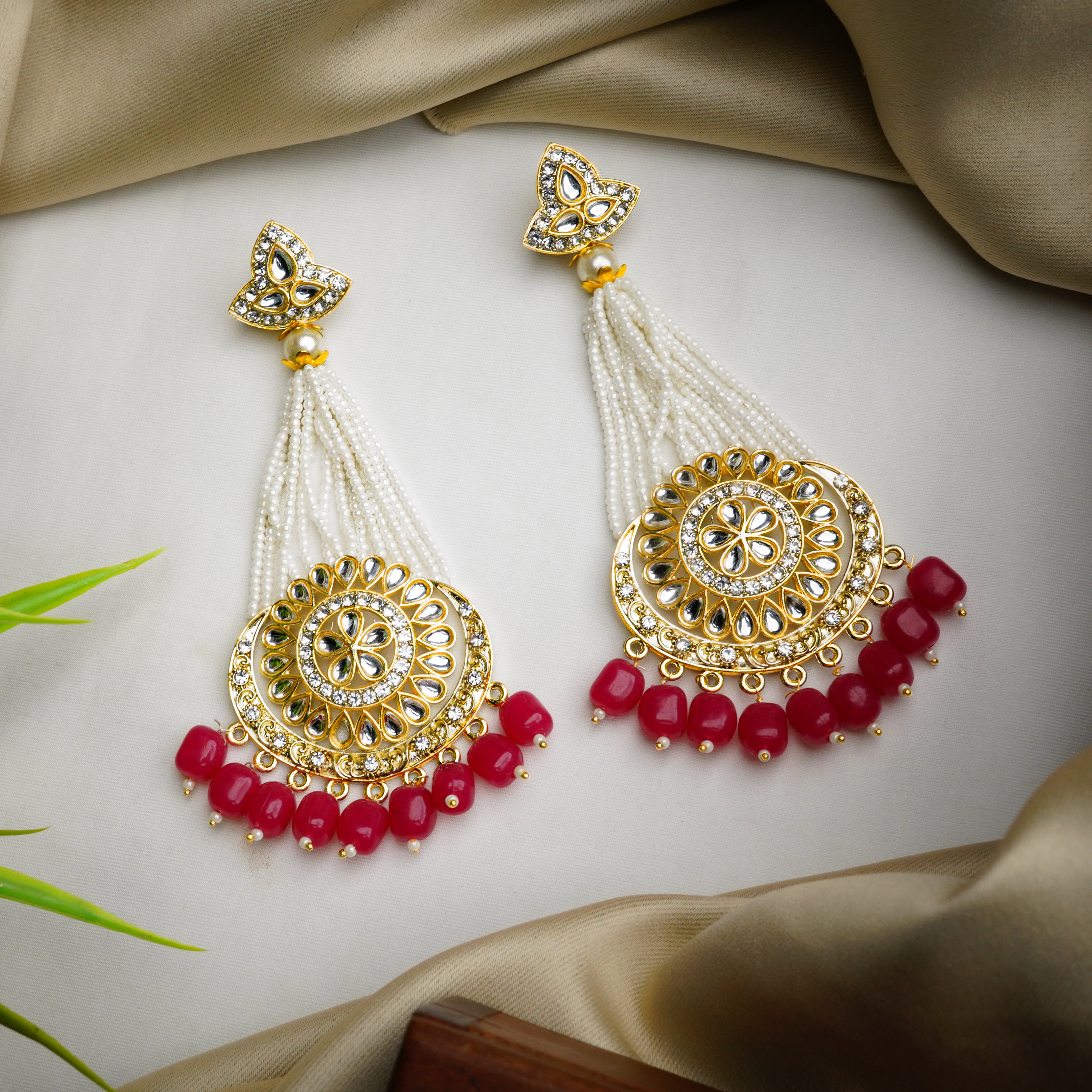 Gold-Plated Maroon Chandbali Kundan Pearl Earrings
